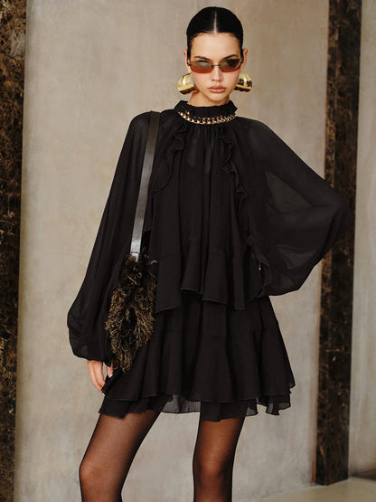 Conjunto de mini vestido de gasa con volantes escalonados y forro
