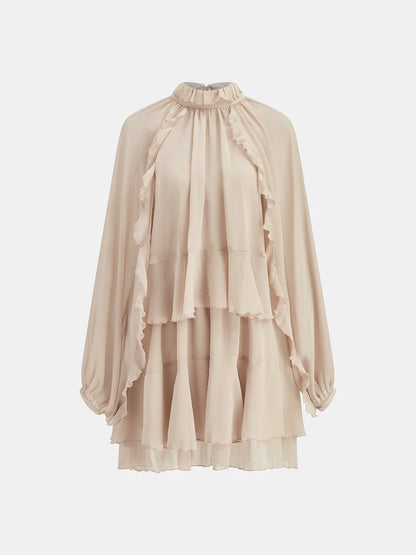 Conjunto de mini vestido de gasa con volantes escalonados y forro