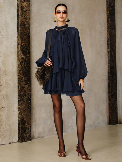 Conjunto de mini vestido de gasa con volantes escalonados y forro
