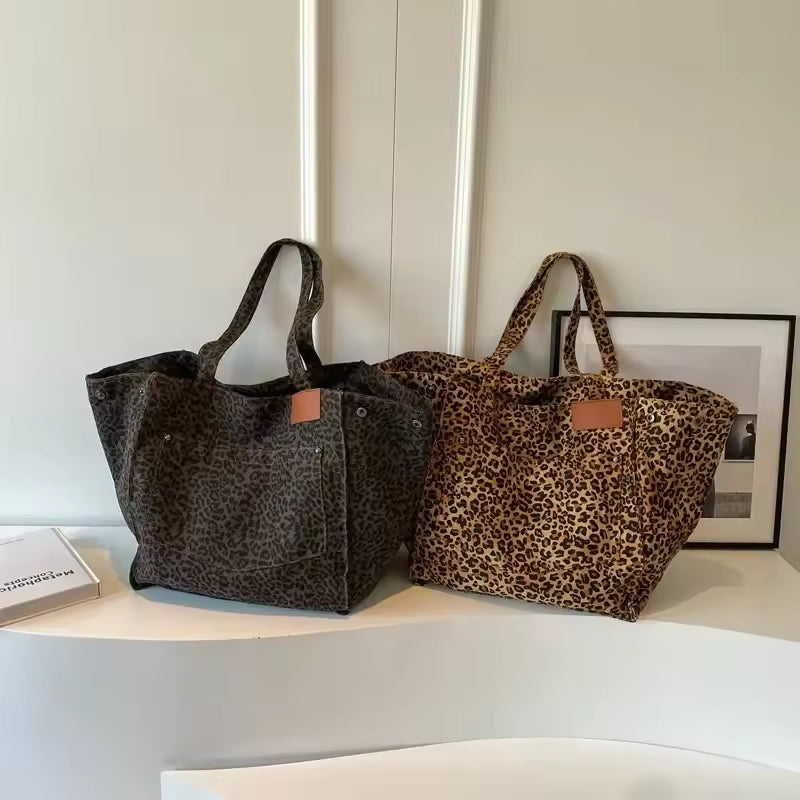Bolso de lona retro con estampado de leopardo